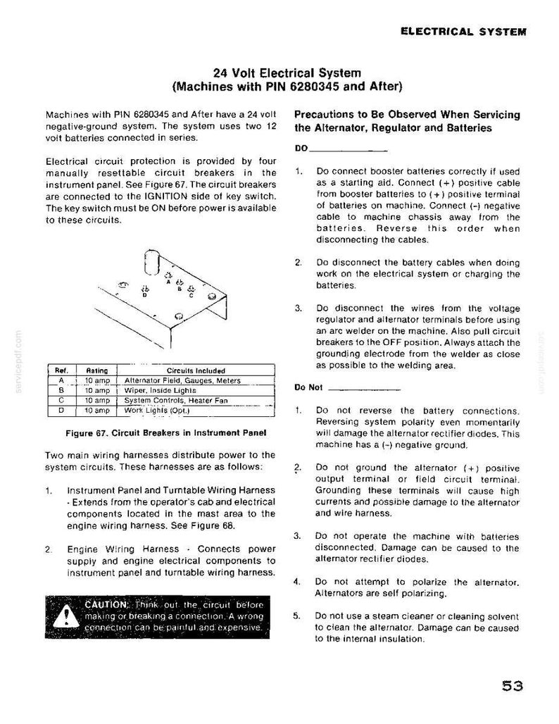 K&ouml;nnte beinhalten: Eine Seite aus einem Handbuch, das ein 24-Volt-Elektrosystem beschreibt, einschlie&szlig;lich Schutzschaltern, Kabelb&auml;umen und Sicherheitshinweisen. Der Text enth&auml;lt Diagramme und Warnungen zu elektrischen Arbeiten.