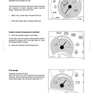 May include: A technical manual page titled Section 2 - General Information, Controls and Instruments. It features diagrams of a speedometer, engine coolant temperature indicator, and fuel gauge with explanatory text for each instrument.
