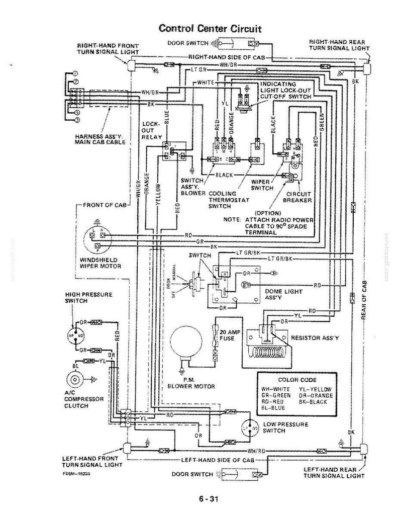 May include: Diagram of a control center circuit with labels for various components like switches, relays, and lights. Includes a color code legend and text indicating the location of parts such as the front and rear turn signal lights.