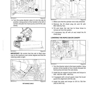 May include: A technical manual page with diagrams and instructions for operating machinery. The page includes figures detailing procedures for the tilt system, including refilling, bleeding, and lowering the cab or canopy. Text and arrows indicate steps.