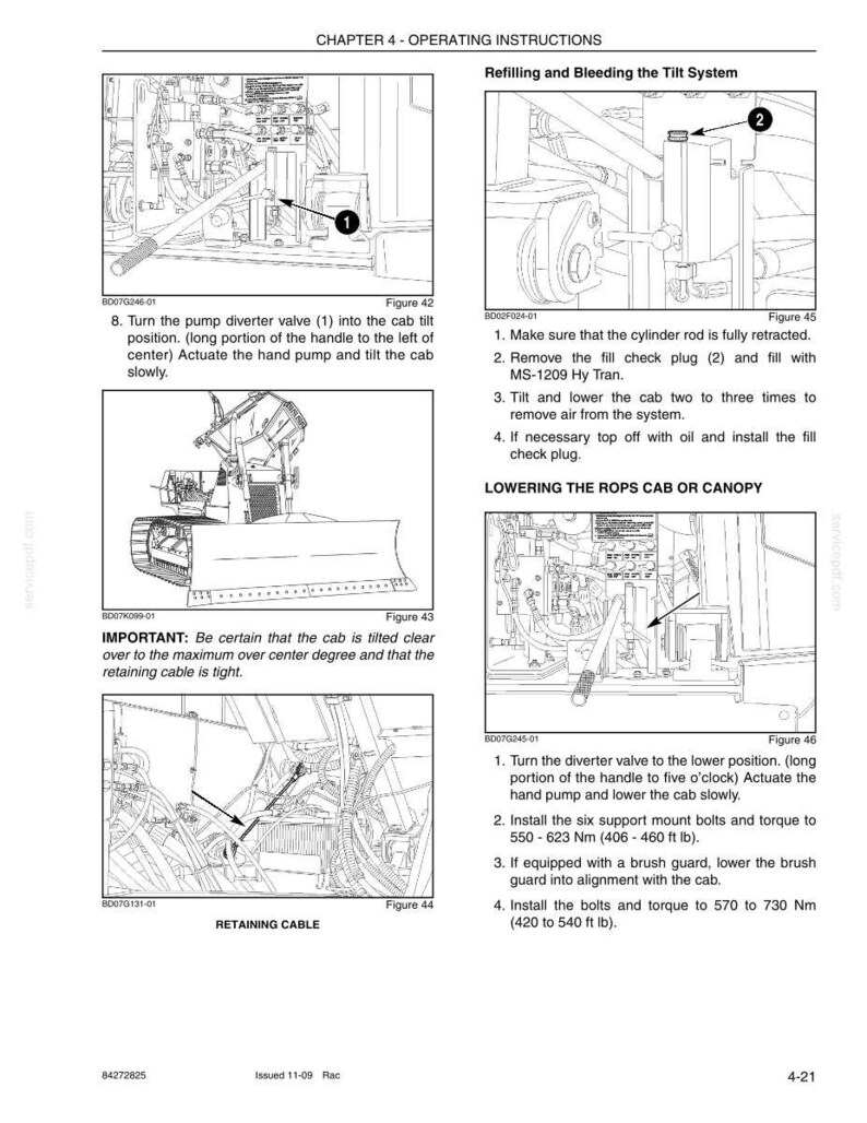 May include: A technical manual page with diagrams and instructions for operating machinery. The page includes figures detailing procedures for the tilt system, including refilling, bleeding, and lowering the cab or canopy. Text and arrows indicate steps.
