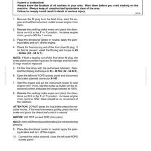 May include: A page from a manual detailing parking brake or parking lock preliminary tests. Includes a warning about hazards to bystanders, and instructions for checking fluid levels and engine settings. Torque specifications are provided in both Newton meters and pound-feet.
