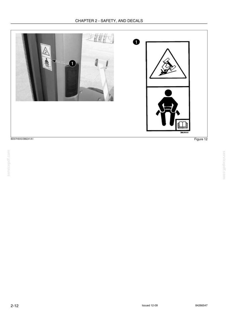 May include: Black and white safety decals and illustrations. The image includes a warning symbol of a vehicle tipping over and a person in a seat with a seatbelt. The text "CHAPTER 2 - SAFETY, AND DECALS" is at the top.