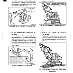 May include: A technical manual page titled SAFETY PRECAUTIONS featuring four black and white line drawings of an excavator. The diagrams illustrate operational warnings, including avoiding cylinder stroke limits, dozer blade stabilization, and obstacles.