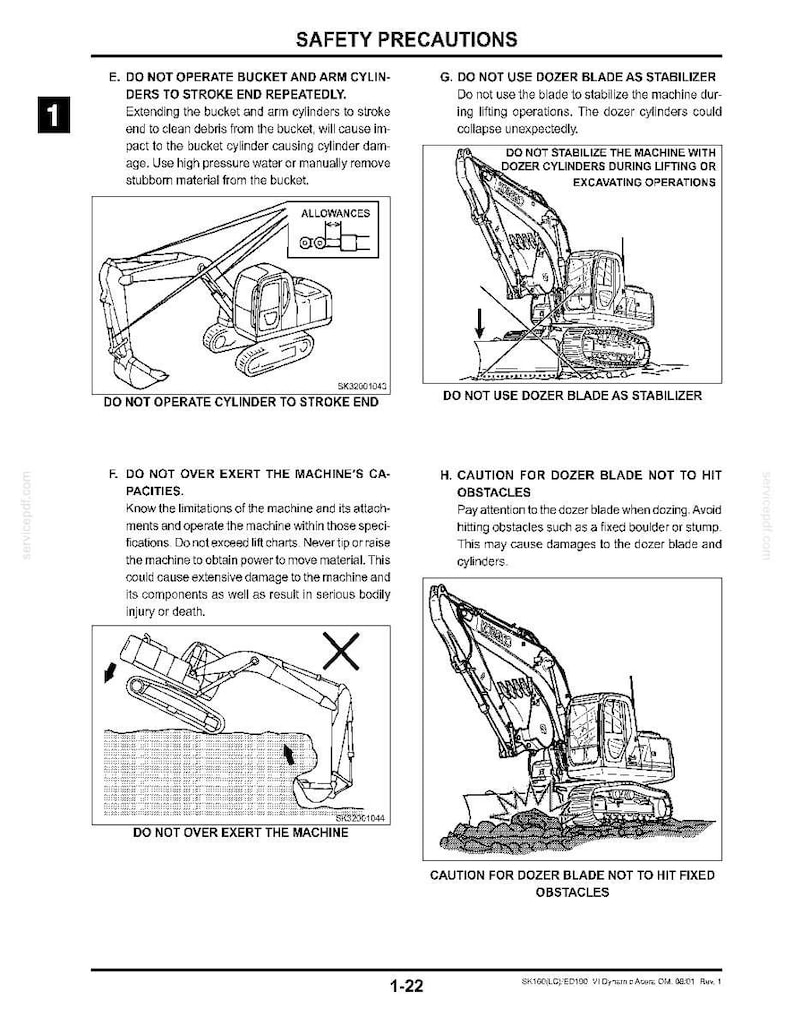 May include: A technical manual page titled SAFETY PRECAUTIONS featuring four black and white line drawings of an excavator. The diagrams illustrate operational warnings, including avoiding cylinder stroke limits, dozer blade stabilization, and obstacles.