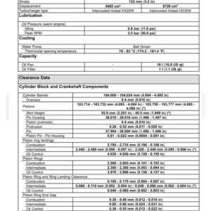 May include: Engine specifications chart detailing 4 and 6 cylinder engine types. Includes compression ratio, bore, stroke, displacement, turbocharger type, and lubrication details. Also shows cooling, capacity, and clearance data with measurements in inches.