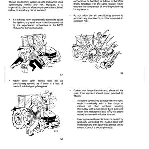 May include: A technical manual page titled CONTROLS AND INSTRUMENTS SAFETY RULES featuring three black and white line art illustrations of a tractor and safety warnings regarding air conditioning systems, coolant, and potential hazards.
