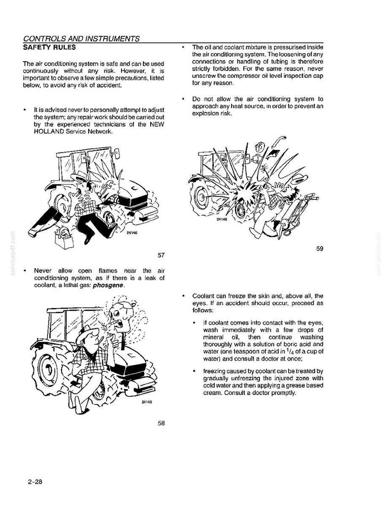 May include: A technical manual page titled CONTROLS AND INSTRUMENTS SAFETY RULES featuring three black and white line art illustrations of a tractor and safety warnings regarding air conditioning systems, coolant, and potential hazards.