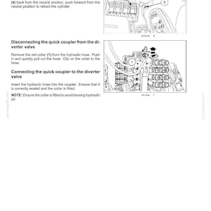 May include: A technical manual page titled 6 - WORKING OPERATIONS featuring black and white line drawings of hydraulic machinery controls. It includes instructions for operating a lift rod cylinder, a diverter valve, and a quick coupler with numbered labels 1, 4, and 5.