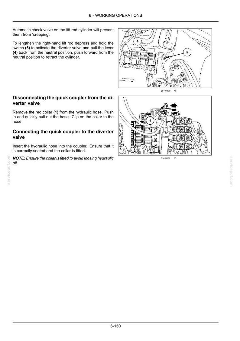 May include: A technical manual page titled 6 - WORKING OPERATIONS featuring black and white line drawings of hydraulic machinery controls. It includes instructions for operating a lift rod cylinder, a diverter valve, and a quick coupler with numbered labels 1, 4, and 5.