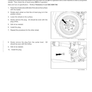 May include: Diagram of front axle fluid level maintenance for a four-wheel drive vehicle. Instructions include raising wheels, rotating, removing plugs, and adding oil. Text includes specifications for TUTELA TRANSAXLE FLUID SAE 80W-140.