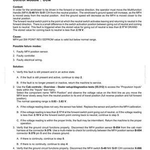 May include: A technical document with the title "E0324-01- MFH position sensor - Valid below normal." The document provides troubleshooting steps for a faulty MFH position sensor, including voltage readings and connector checks. The document is for electrical systems and fault codes.