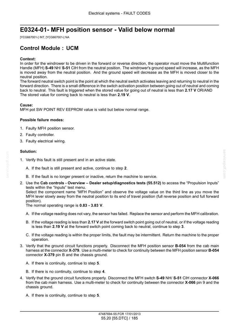 May include: A technical document with the title "E0324-01- MFH position sensor - Valid below normal." The document provides troubleshooting steps for a faulty MFH position sensor, including voltage readings and connector checks. The document is for electrical systems and fault codes.