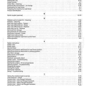 Op de afbeelding: Een pagina uit een handleiding met een inhoudsopgave. Het toont bedienings- en onderhoudsonderwerpen zoals parkeren, radiatorreiniging, veiligheidsinstructies en koppeltabellen.