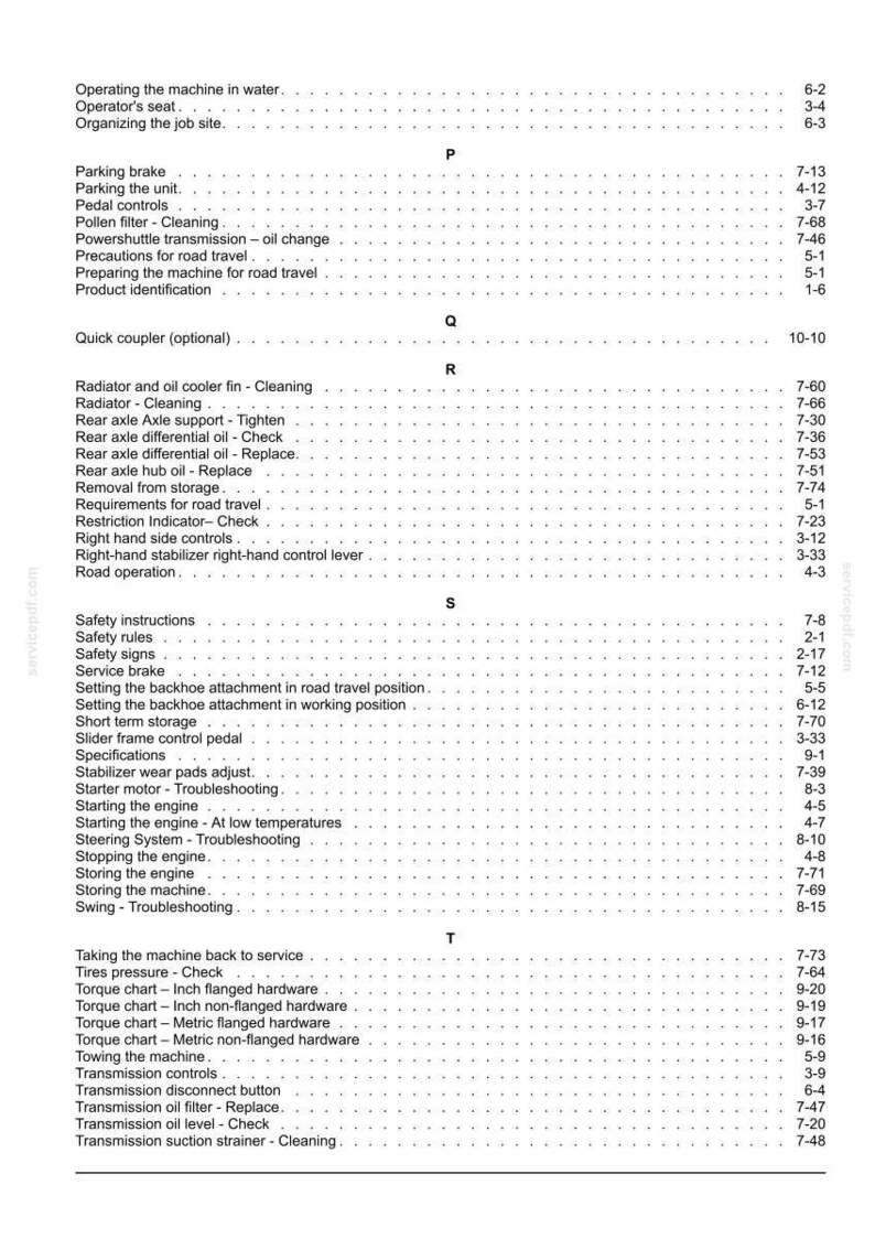 Op de afbeelding: Een pagina uit een handleiding met een inhoudsopgave. Het toont bedienings- en onderhoudsonderwerpen zoals parkeren, radiatorreiniging, veiligheidsinstructies en koppeltabellen.