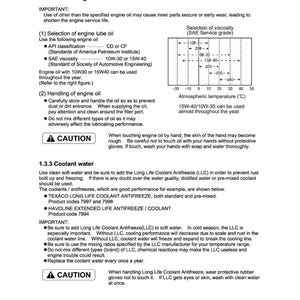 May include: A page from a manual with text about lubricating oil and coolant water for engines. Includes a viscosity chart with temperature ranges and warnings about handling fluids.