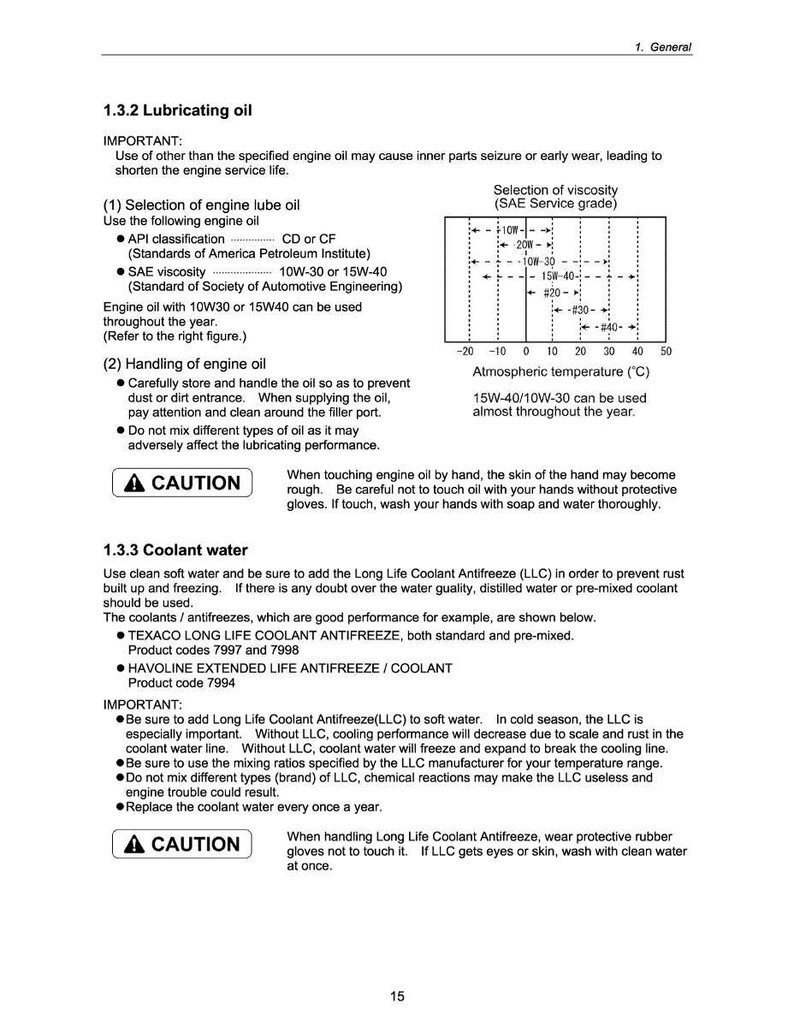 May include: A page from a manual with text about lubricating oil and coolant water for engines. Includes a viscosity chart with temperature ranges and warnings about handling fluids.