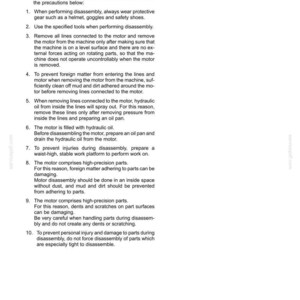 May include: A page from a service manual detailing precautions for travel motor disassembly. The text includes safety instructions, such as wearing protective gear and preparing for hydraulic oil drainage. The document is dated February 29, 2016.