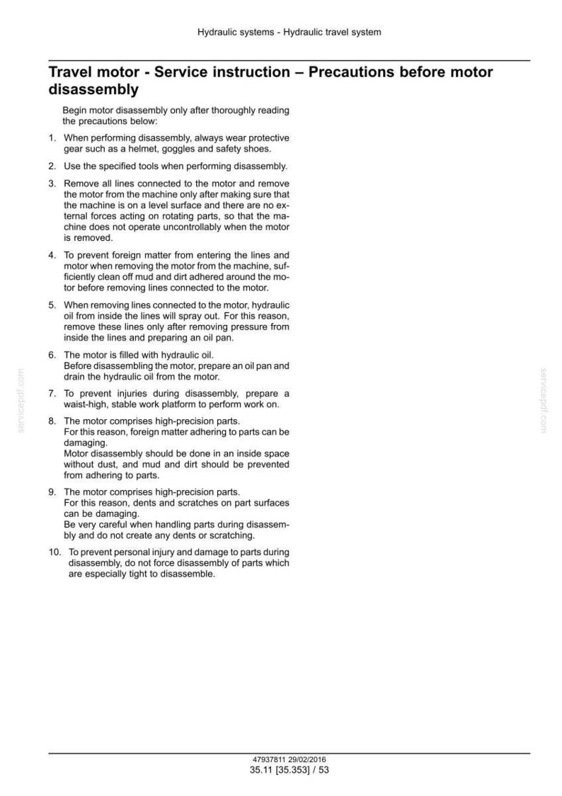 May include: A page from a service manual detailing precautions for travel motor disassembly. The text includes safety instructions, such as wearing protective gear and preparing for hydraulic oil drainage. The document is dated February 29, 2016.