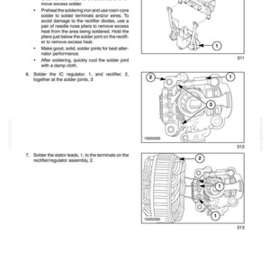 May include: Diagrams and instructions for electrical component soldering. The image shows detailed illustrations of alternator components with numbered labels and arrows. Text includes guidelines for soldering, including cleaning terminals and cooling solder joints.