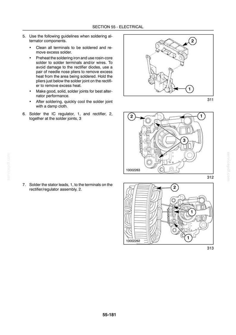 May include: Diagrams and instructions for electrical component soldering. The image shows detailed illustrations of alternator components with numbered labels and arrows. Text includes guidelines for soldering, including cleaning terminals and cooling solder joints.