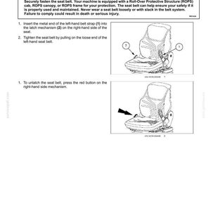 May include: Diagram of a seat with a seat belt, illustrating how to fasten and unfasten it. The image includes numbered instructions and a warning about roll-over hazards. The text explains the importance of properly using the seat belt for safety.