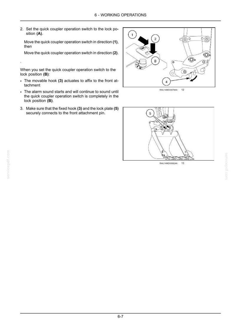 May include: Diagram illustrating the working operations of a quick coupler system. The image shows the steps to set the quick coupler operation switch to the lock position, including the movable hook and alarm sound.