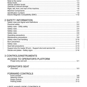 Puede incluir: Una p&aacute;gina de documento blanca con el t&iacute;tulo "Contents". El documento enumera varias secciones, incluyendo "General Information", "Safety Information" y "Controls/Instruments". El texto es negro.