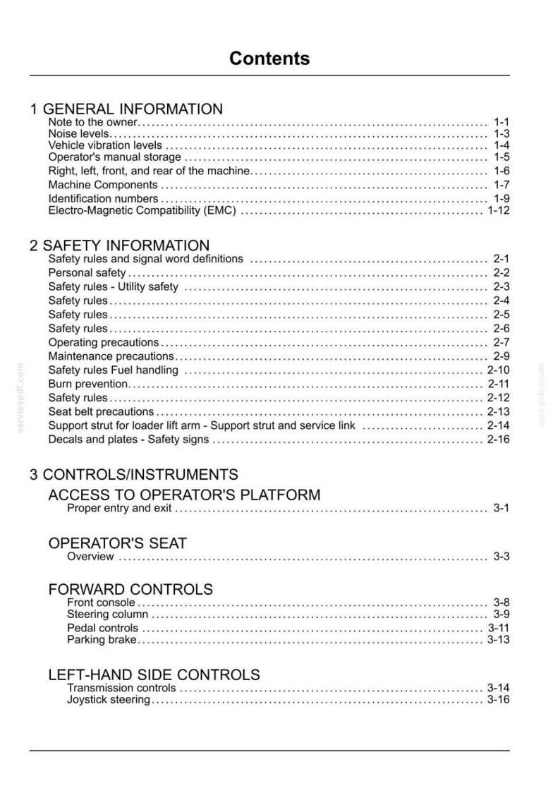 Puede incluir: Una p&aacute;gina de documento blanca con el t&iacute;tulo "Contents". El documento enumera varias secciones, incluyendo "General Information", "Safety Information" y "Controls/Instruments". El texto es negro.