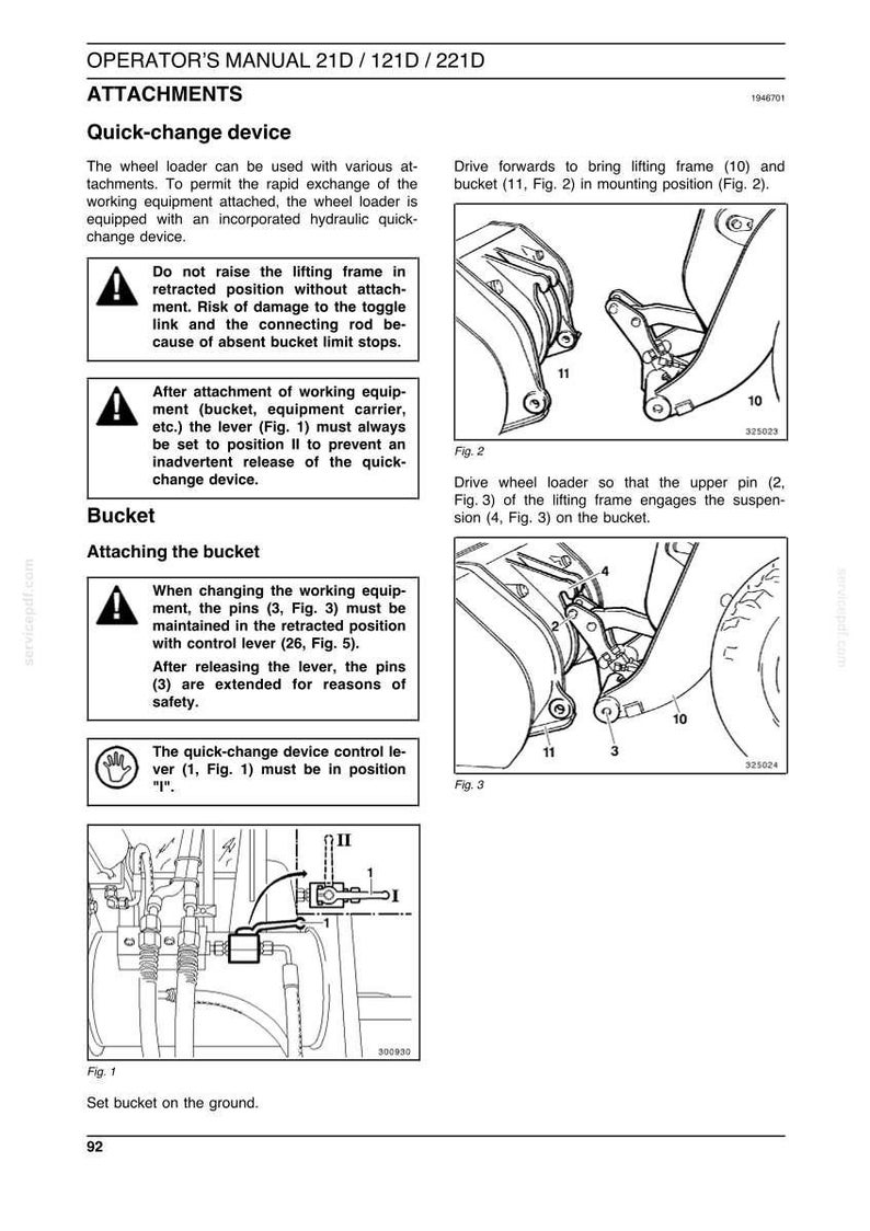 May include: Diagram from an operator's manual showing the quick-change device for a wheel loader. The image includes diagrams of the bucket attachment process, with labels and safety warnings. The text includes instructions for use.
