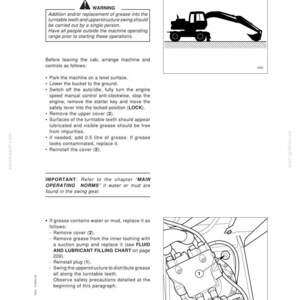 May include: A page from a maintenance manual with the title "TURNTABLE TEETH (Lubrication)". The page includes a warning, instructions, and diagrams for maintaining machinery. A silhouette of a construction vehicle is also shown.