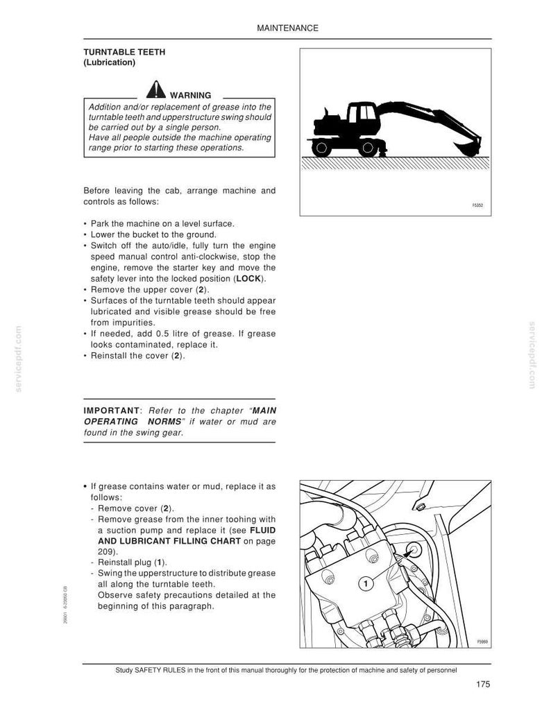 May include: A page from a maintenance manual with the title "TURNTABLE TEETH (Lubrication)". The page includes a warning, instructions, and diagrams for maintaining machinery. A silhouette of a construction vehicle is also shown.