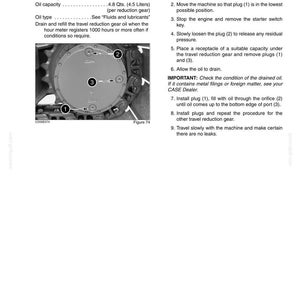 May include: Page from a maintenance manual detailing travel reduction gears. The text includes service specifications, oil capacity, and instructions for draining and refilling the oil. A diagram shows the gear components with numbered plugs.