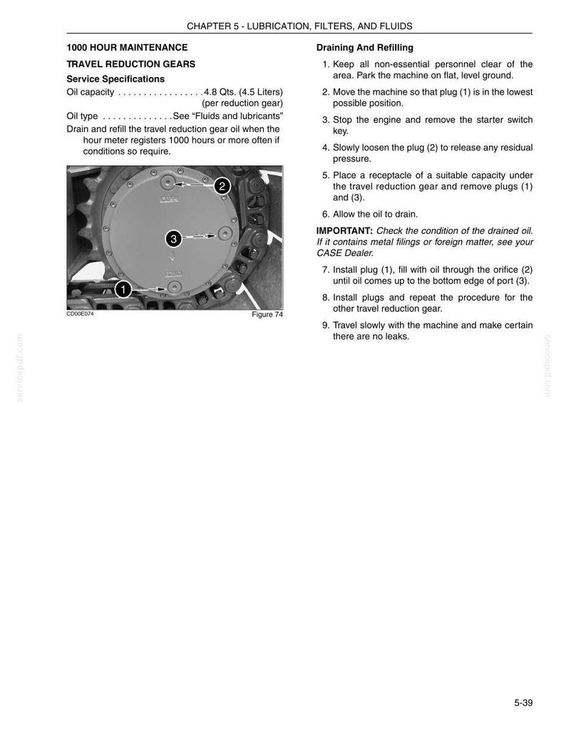 May include: Page from a maintenance manual detailing travel reduction gears. The text includes service specifications, oil capacity, and instructions for draining and refilling the oil. A diagram shows the gear components with numbered plugs.