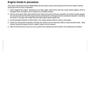 Puede incluir: Una p&aacute;gina de documento titulada 4 - OPERATING INSTRUCTIONS, que detalla el procedimiento de rodaje del motor de un tractor. Enumera cinco pasos numerados para las primeras 50 horas de funcionamiento, incluyendo consejos sobre marchas y mantenimiento.