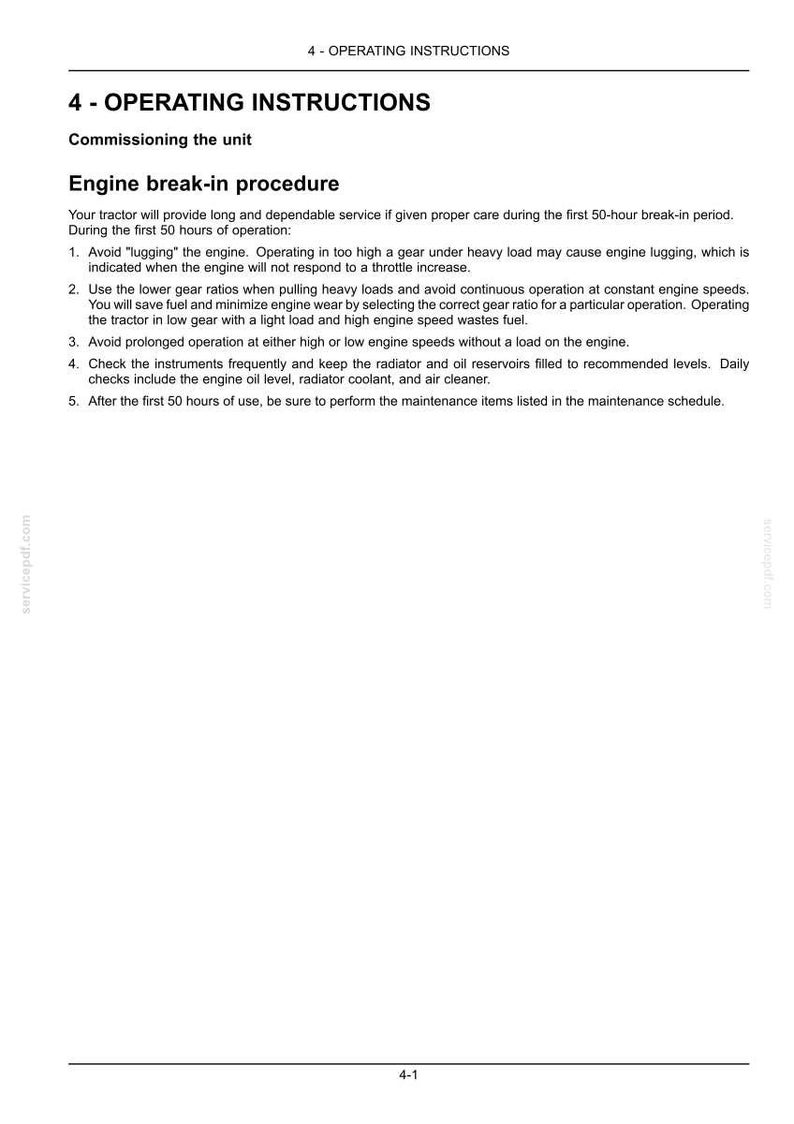 Puede incluir: Una p&aacute;gina de documento titulada 4 - OPERATING INSTRUCTIONS, que detalla el procedimiento de rodaje del motor de un tractor. Enumera cinco pasos numerados para las primeras 50 horas de funcionamiento, incluyendo consejos sobre marchas y mantenimiento.