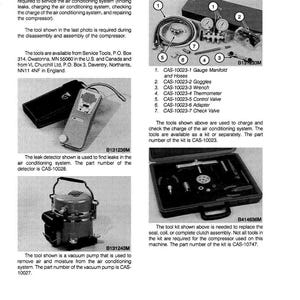 May include: An informational page with images of tools for servicing air conditioning systems. Includes a gauge manifold, goggles, wrenches, a thermometer, control valve, adapter, and check valve. Also shown is a leak detector and a vacuum pump.