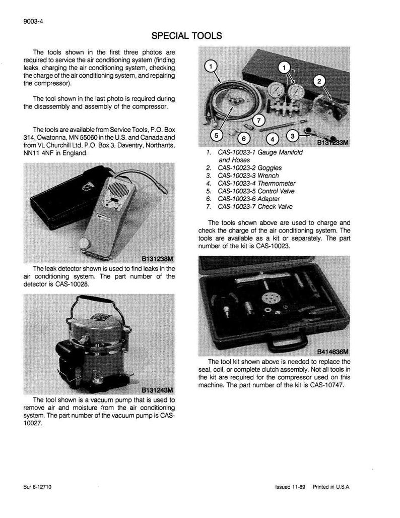 May include: An informational page with images of tools for servicing air conditioning systems. Includes a gauge manifold, goggles, wrenches, a thermometer, control valve, adapter, and check valve. Also shown is a leak detector and a vacuum pump.