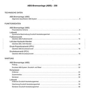 May include: A technical document page titled Inhalt, listing sections for Bremsen und Steuerungen, ABS-Bremsanlage, Technische Daten, Funktionsdaten, and Wartung. It details components like Luftventil, Fu&szlig;bremsventil, and Kompressor with page numbers.