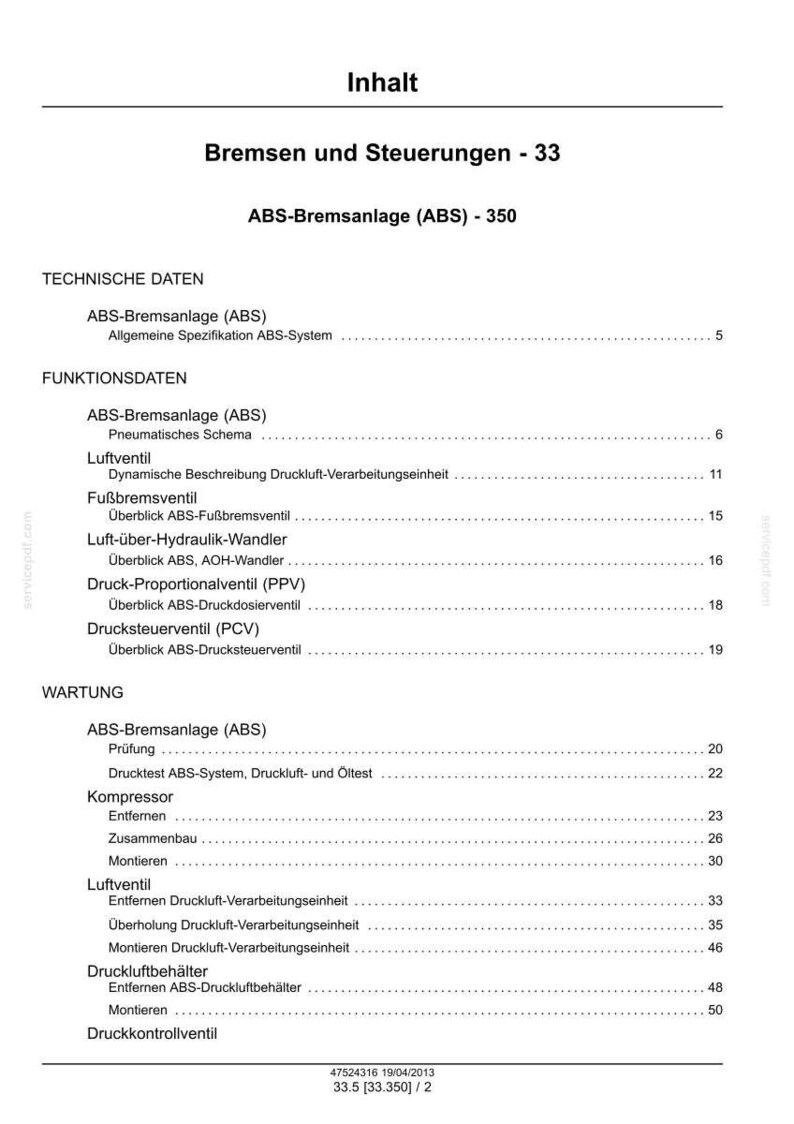 May include: A technical document page titled Inhalt, listing sections for Bremsen und Steuerungen, ABS-Bremsanlage, Technische Daten, Funktionsdaten, and Wartung. It details components like Luftventil, Fu&szlig;bremsventil, and Kompressor with page numbers.