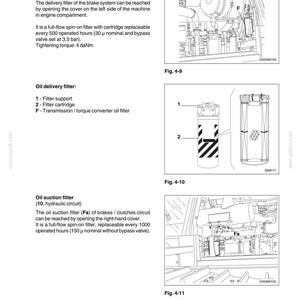 Pu&ograve; includere: Diagrammi tecnici che illustrano i filtri dell'olio dei freni e i componenti associati. L'immagine mostra un filtro di mandata, un filtro di erogazione dell'olio e un filtro di aspirazione dell'olio. Il testo fornisce specifiche e istruzioni di manutenzione.