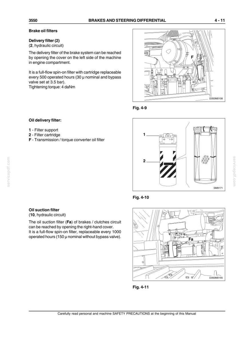 Pu&ograve; includere: Diagrammi tecnici che illustrano i filtri dell'olio dei freni e i componenti associati. L'immagine mostra un filtro di mandata, un filtro di erogazione dell'olio e un filtro di aspirazione dell'olio. Il testo fornisce specifiche e istruzioni di manutenzione.