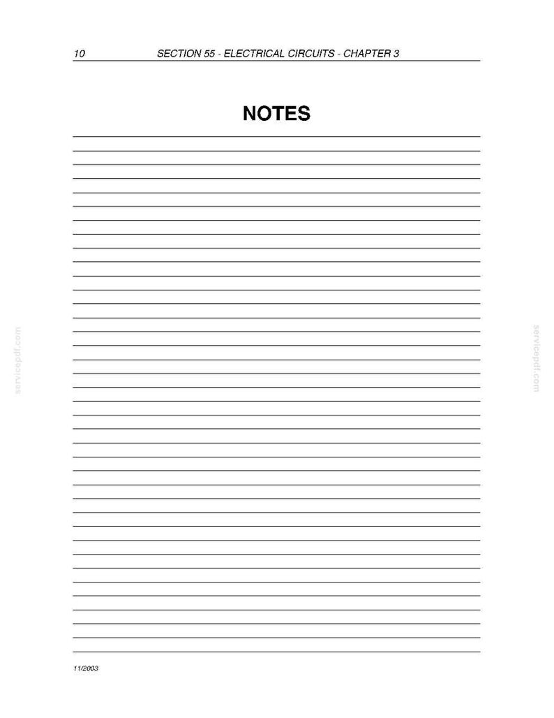 Może przedstawiać: Biała strona z poziomymi liniami do pisania notatek. Słowo &bdquo;NOTES&rdquo; jest wyśrodkowane u g&oacute;ry, nad nim znajduje się tekst &bdquo;SECTION 55 - ELECTRICAL CIRCUITS - CHAPTER 3&rdquo;. Strona pochodzi z instrukcji.