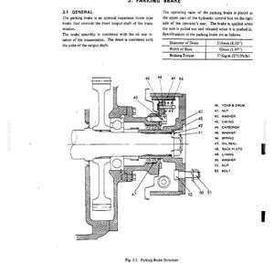 May include: A technical diagram of a parking brake assembly, labeled 3. PARKING BRAKE, showing components like the yoke, drum, and oil seal. A table lists specifications including a drum diameter of 8.50 inches and a braking torque of 2712ft-lb.