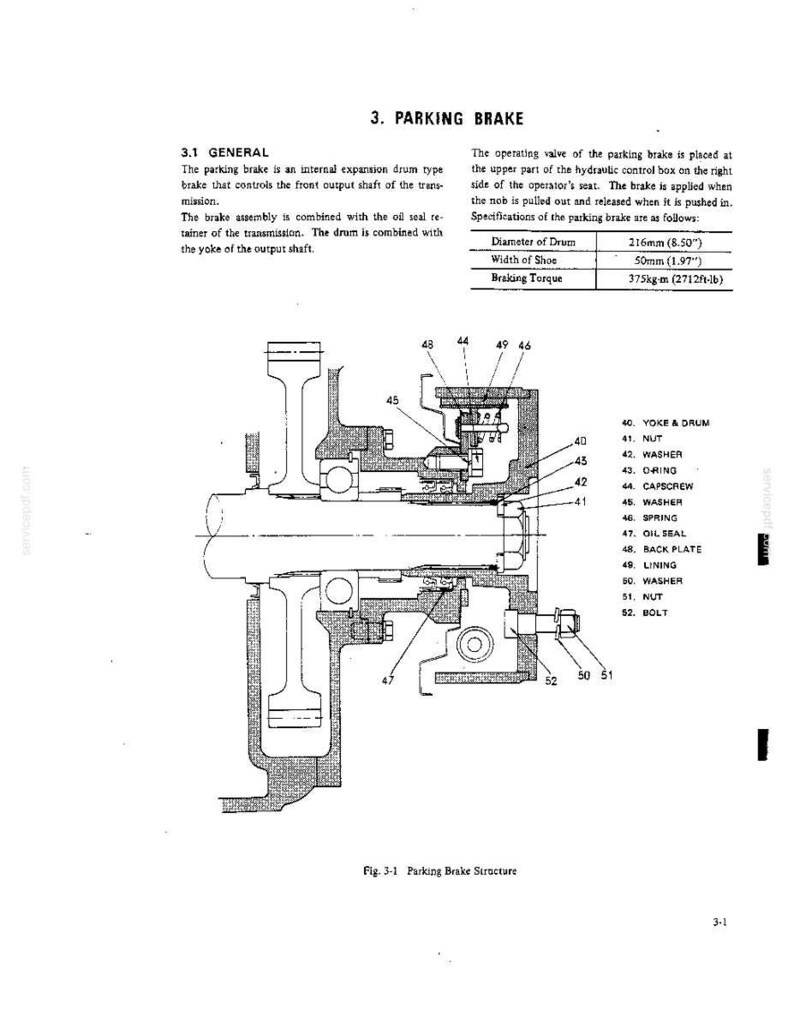 May include: A technical diagram of a parking brake assembly, labeled 3. PARKING BRAKE, showing components like the yoke, drum, and oil seal. A table lists specifications including a drum diameter of 8.50 inches and a braking torque of 2712ft-lb.