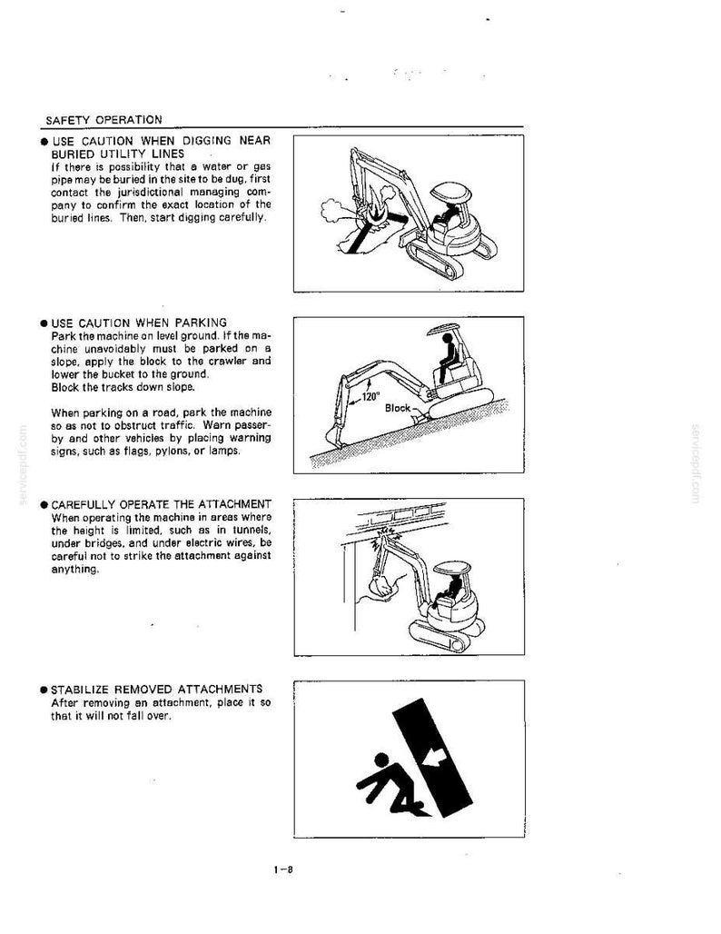 May include: A technical manual page titled SAFETY OPERATION featuring four black and white line drawings of an excavator. The illustrations demonstrate safety procedures for digging near utility lines, parking on slopes, height limits, and stabilizing attachments.