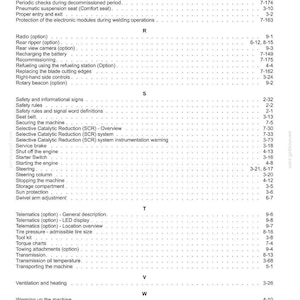 May include: A detailed table of contents from a manual, featuring a list of topics with page numbers. The text is in black font on a white background. Topics include safety, radio options, and machine operation.