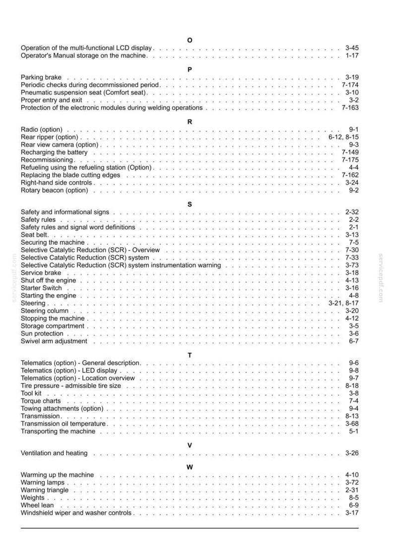 May include: A detailed table of contents from a manual, featuring a list of topics with page numbers. The text is in black font on a white background. Topics include safety, radio options, and machine operation.