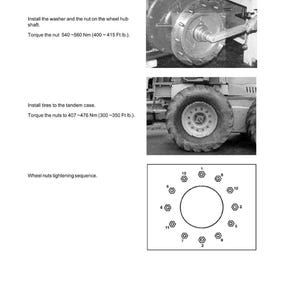 May include: Technical diagram with instructions for wheel maintenance. Includes images of a wheel hub, tire, and a diagram of wheel nut tightening sequence. Text includes torque specifications in foot-pounds and Newton meters.