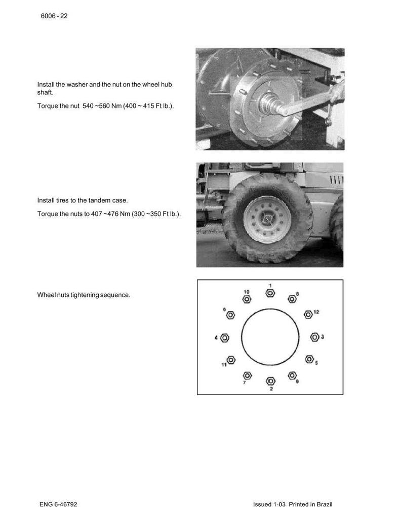 May include: Technical diagram with instructions for wheel maintenance. Includes images of a wheel hub, tire, and a diagram of wheel nut tightening sequence. Text includes torque specifications in foot-pounds and Newton meters.